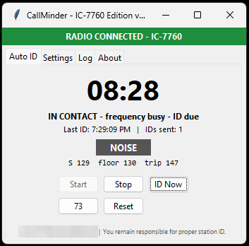 IDMinder Auto ID tab connected to an IC-7760: an 8:28 countdown, the status In contact, frequency busy, ID due, a noise meter, and Start, Stop, ID Now, 73 and Reset buttons
