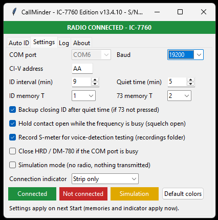 IDMinder Settings tab: COM port, baud rate, CI-V address, ID interval and quiet time, ID and 73 voice memory numbers, option checkboxes, and connection indicator colors